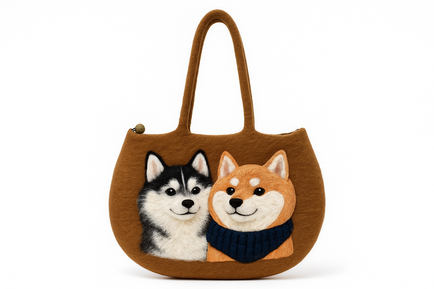 Handgemachte Schultertasche Filztasche in Größe L mit Corgi und Husky Design, braun mit bunten Applikationen.