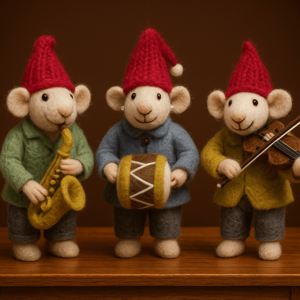 Handmade felt mice musicians wearing red hats, playing saxophone, drums, and violin. Perfect for holiday decor.