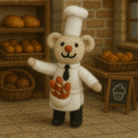 Handgemachter Filzanhänger Schlüsselanhänger Bär als Bäcker, braun, weiß, schwarz, 100% Wolle, einzigartiges Design.