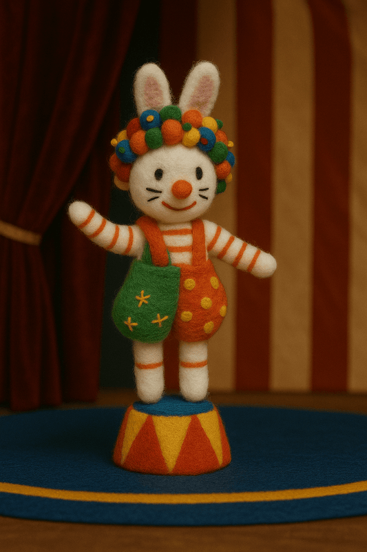 Handmade felt clown keychain in vibrant colors, featuring a cheerful bunny design, perfect for fun decor.