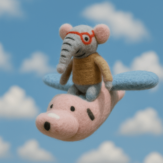 Filzanhänger Schlüsselanhänger Elefant im Flieger aus Wolle in grau, rosa und blau, handgefertigtes Unikat.