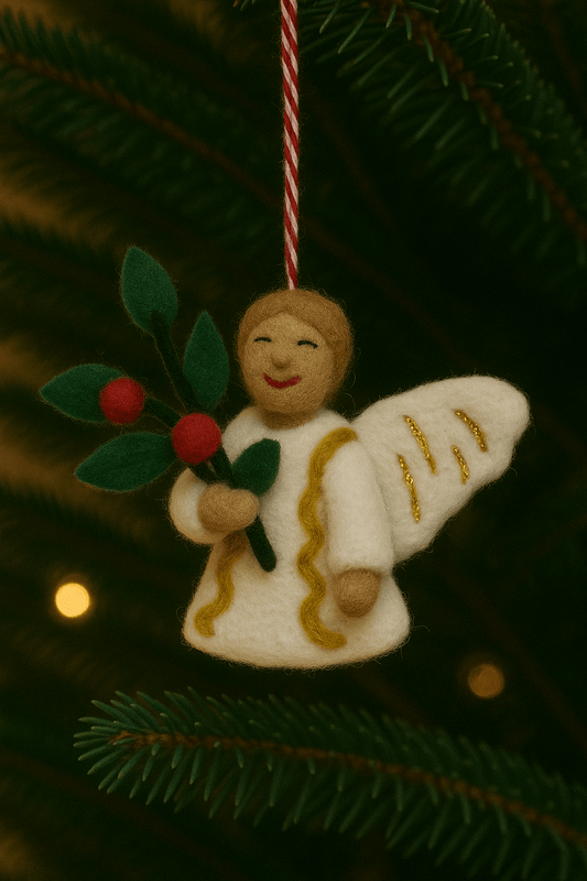 Handgemachter Filzanhänger Schlüsselanhänger Engel mit Blume in beige, grün und rot, 100% Wolle, einzigartig.