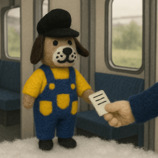 Handmade felt keychain featuring a dog ticket inspector in a train setting, wearing a cap and holding a ticket.