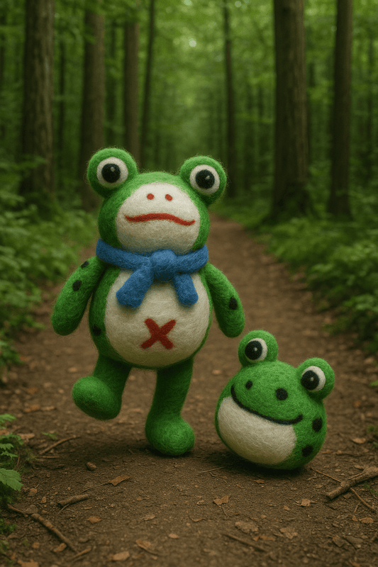 Handmade Filzanhänger Schlüsselanhänger Frosch mit Babyfrosch in einem grünen Wald.