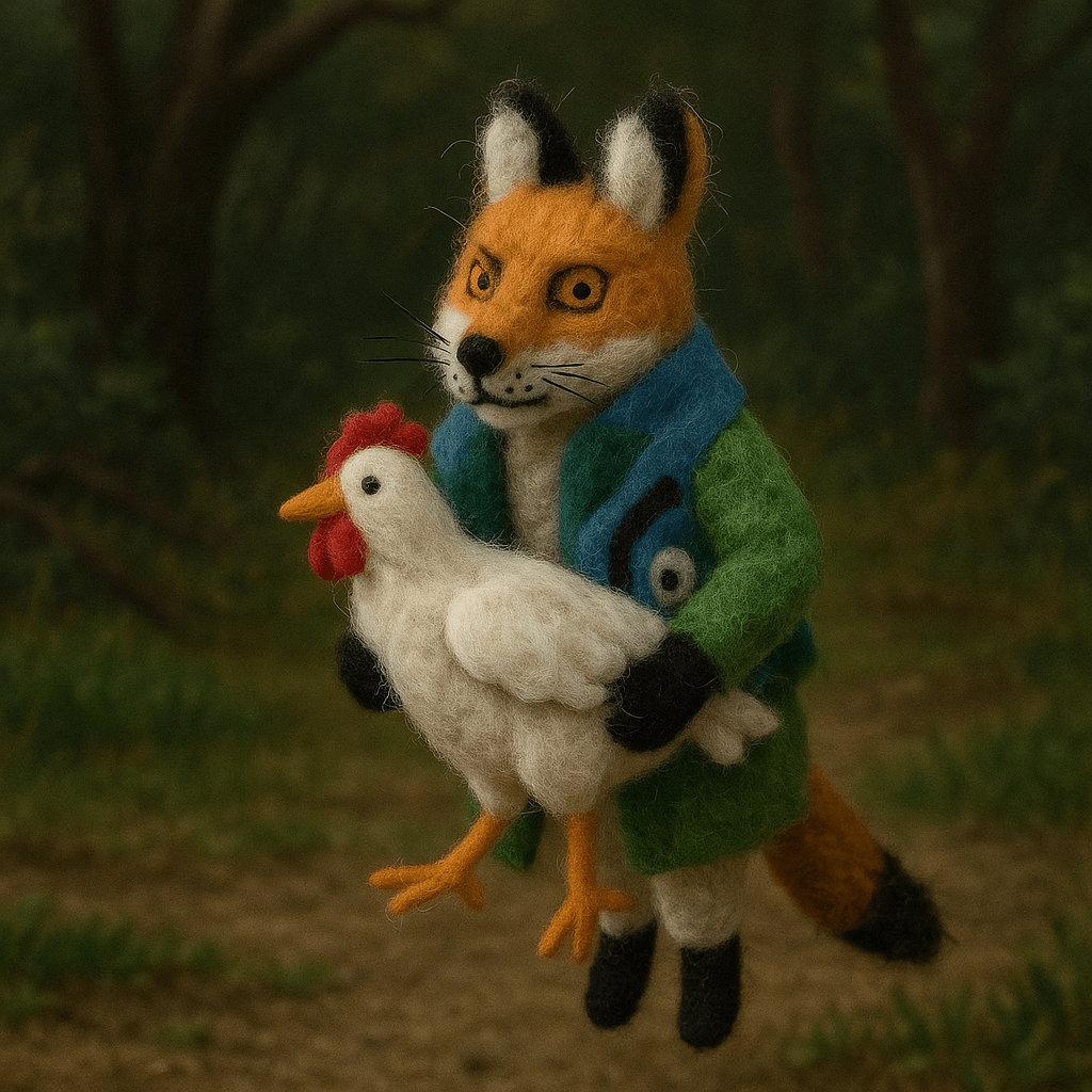 Handgefertigter Filzanhänger Fuchs mit Jacke, der ein Huhn trägt, in lebendigen Farben, ideal für Schlüssel oder als Dekoration.