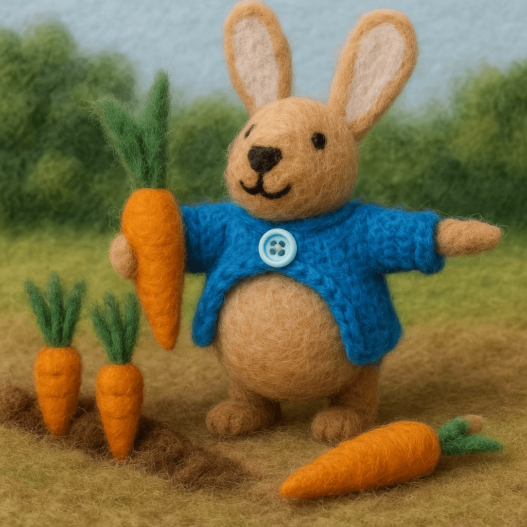 Handmade felt keychain featuring a bunny with carrots, perfect for showcasing the Filzanhänger Schlüsselanhänger Hase mit Karotte.