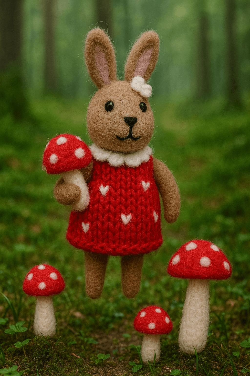 Handgemachter Filzanhänger Schlüsselanhänger Hase mit Pilz, rot-weißer Pullover, im Wald umgeben von Fliegenpilzen.