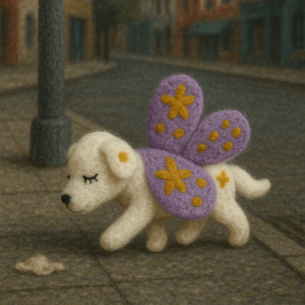 Filzanhänger Schlüsselanhänger Hündin mit Schal und Blume, handgemacht aus 100% Wolle, weiß-lila mit goldenen Details.
