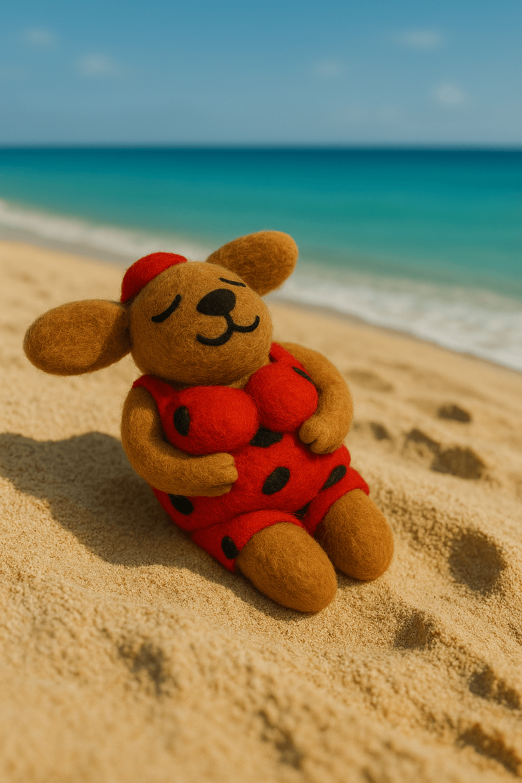 Handmade felt keychain featuring a dog in a bikini, designed for beach lovers, unique gift idea.