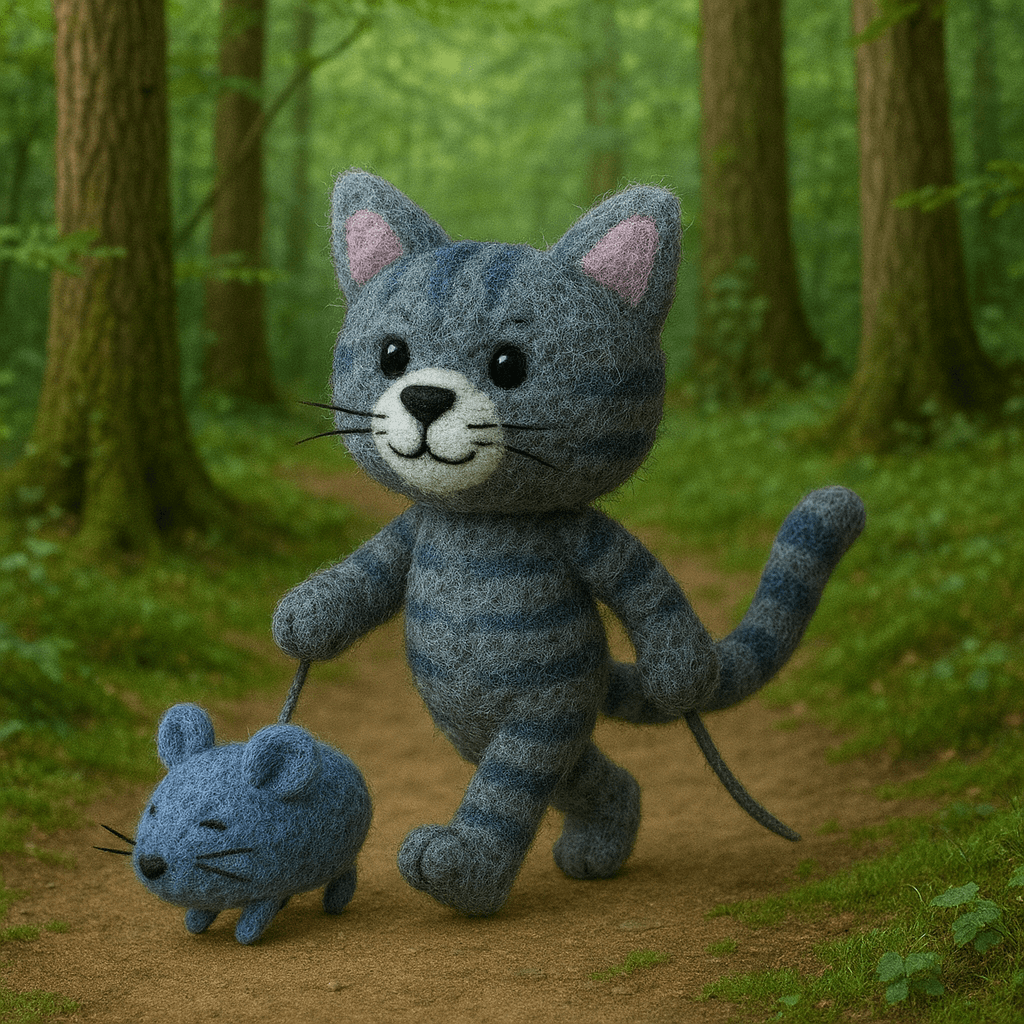 Handmade Filzanhänger Schlüsselanhänger Katze mit Maus, grau und rosa, 100% Wolle, einzigartig in M-Format.