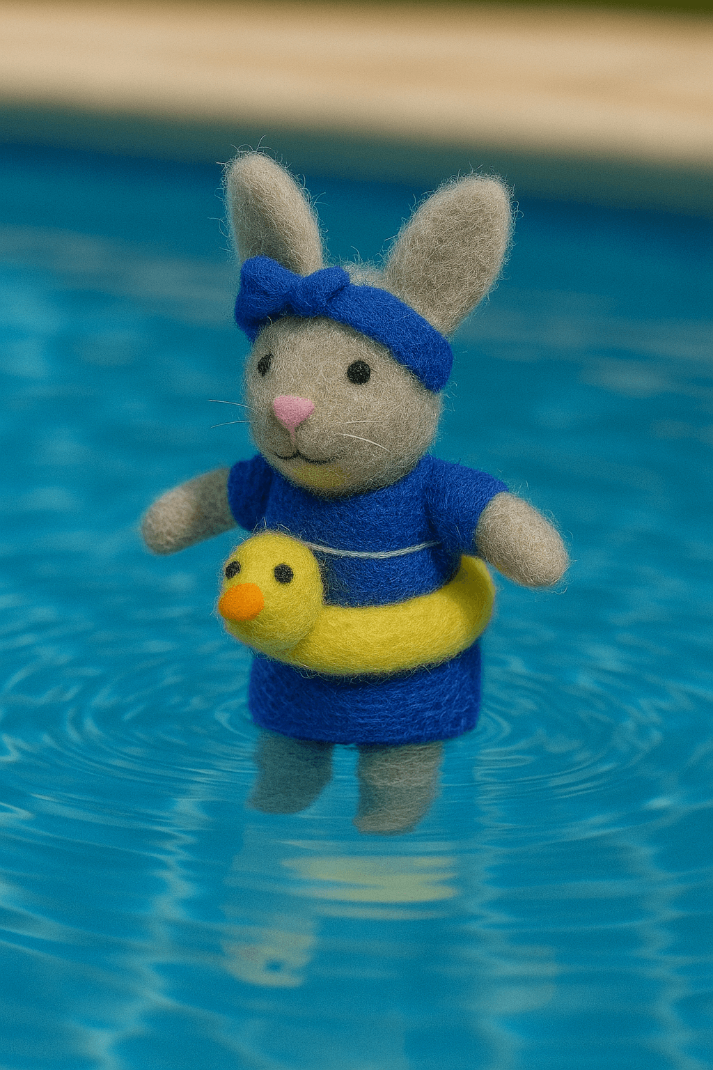 Handgemachter Filzanhänger Katze mit Schwimmring in blau, gelb und beige, perfekt als Schlüsselanhänger.