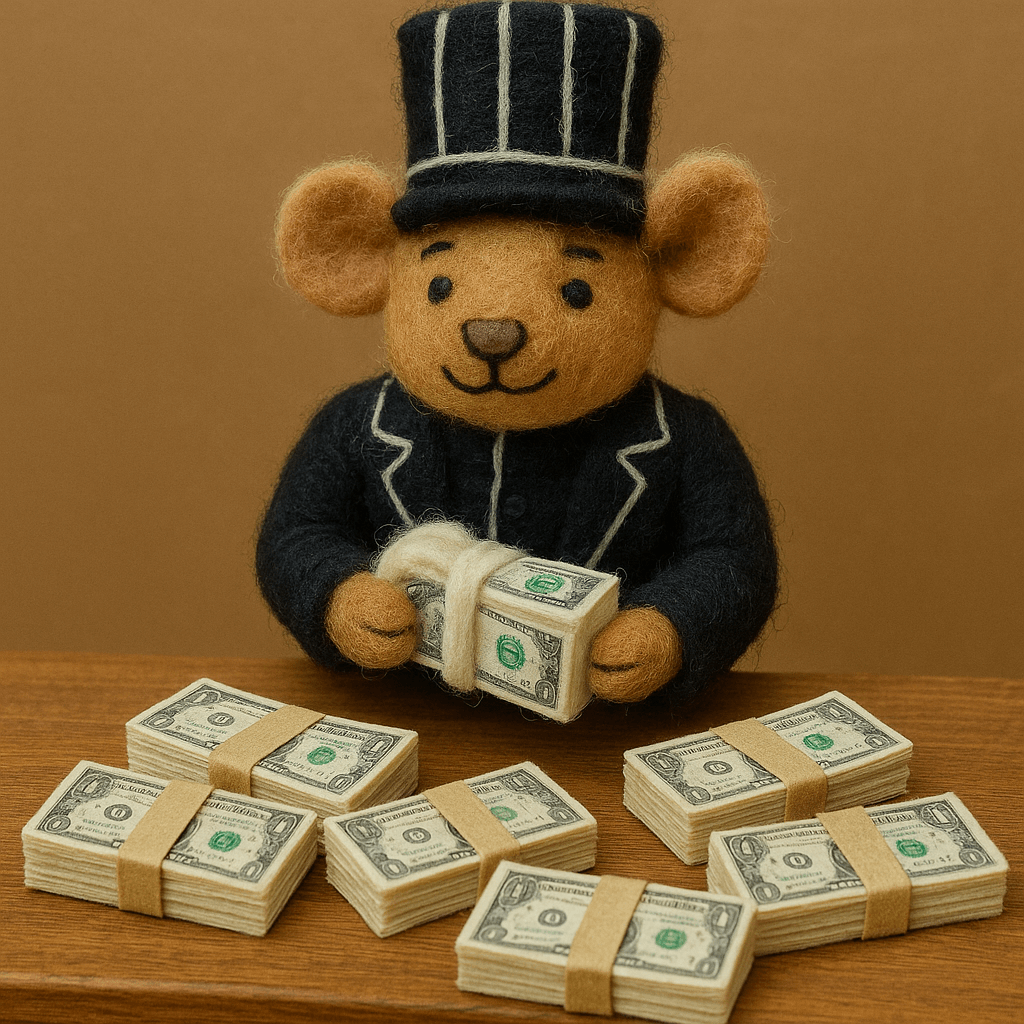 Filzanhänger Schlüsselanhänger Maus Millionär mit Geldbündeln, handgemacht aus Wolle in Braun, Weiß, Schwarz.