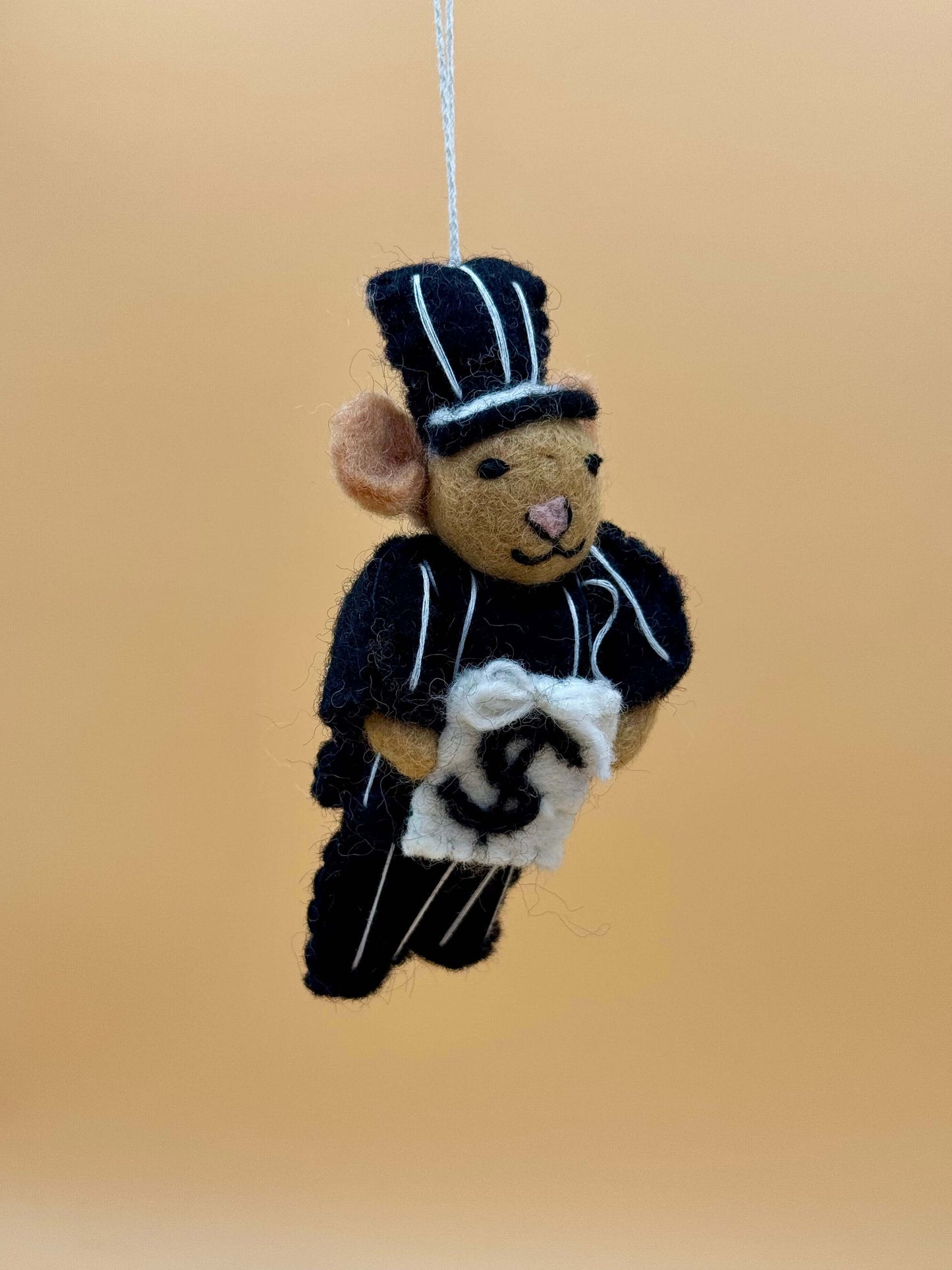 Filzanhänger Schlüsselanhänger Maus Millionär, handgemacht, braun, schwarz, mit Dollar, einzigartig in Wolle.