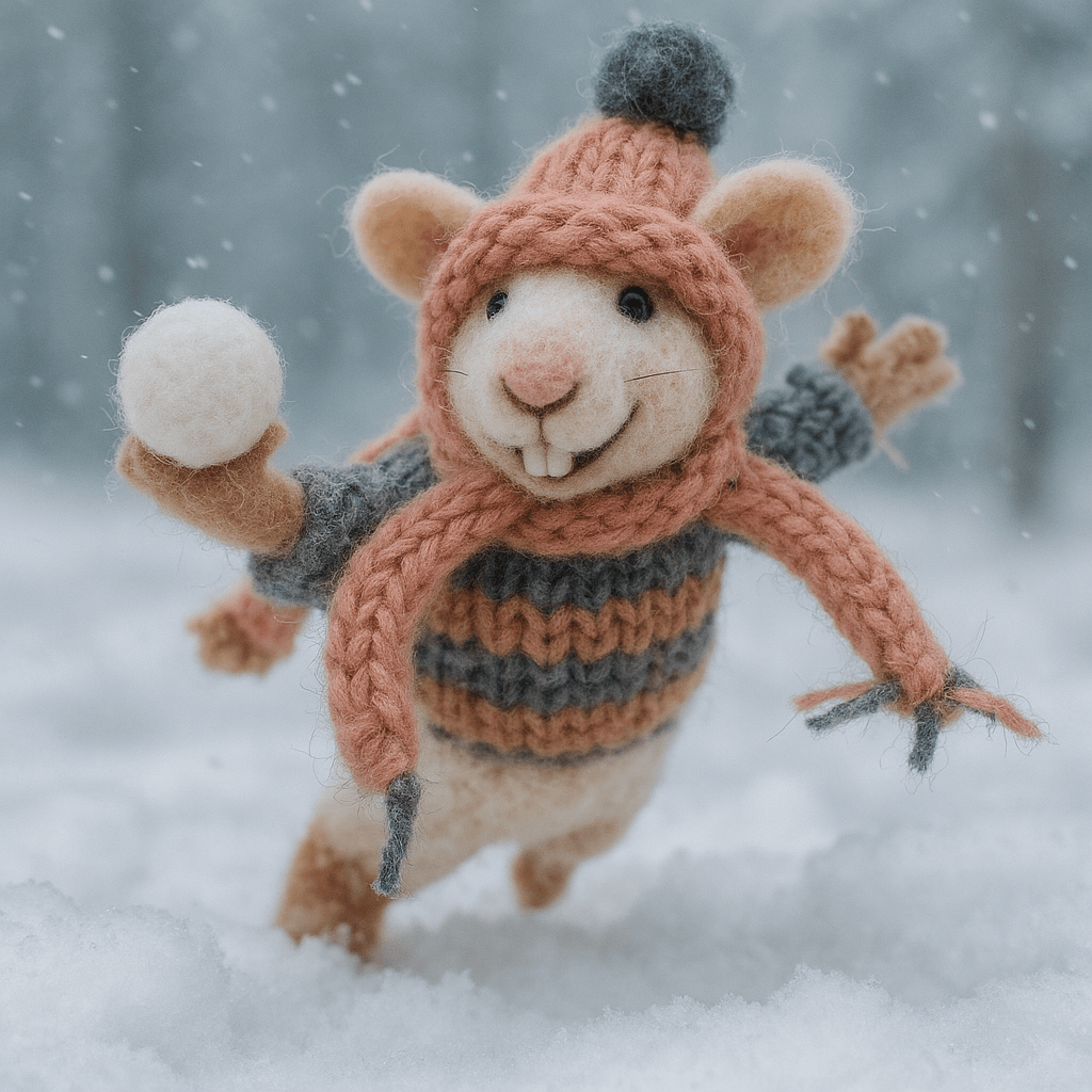 Handmade felt mouse keychain with hat and scarf, playing in the snow, showcasing unique wool craftsmanship.