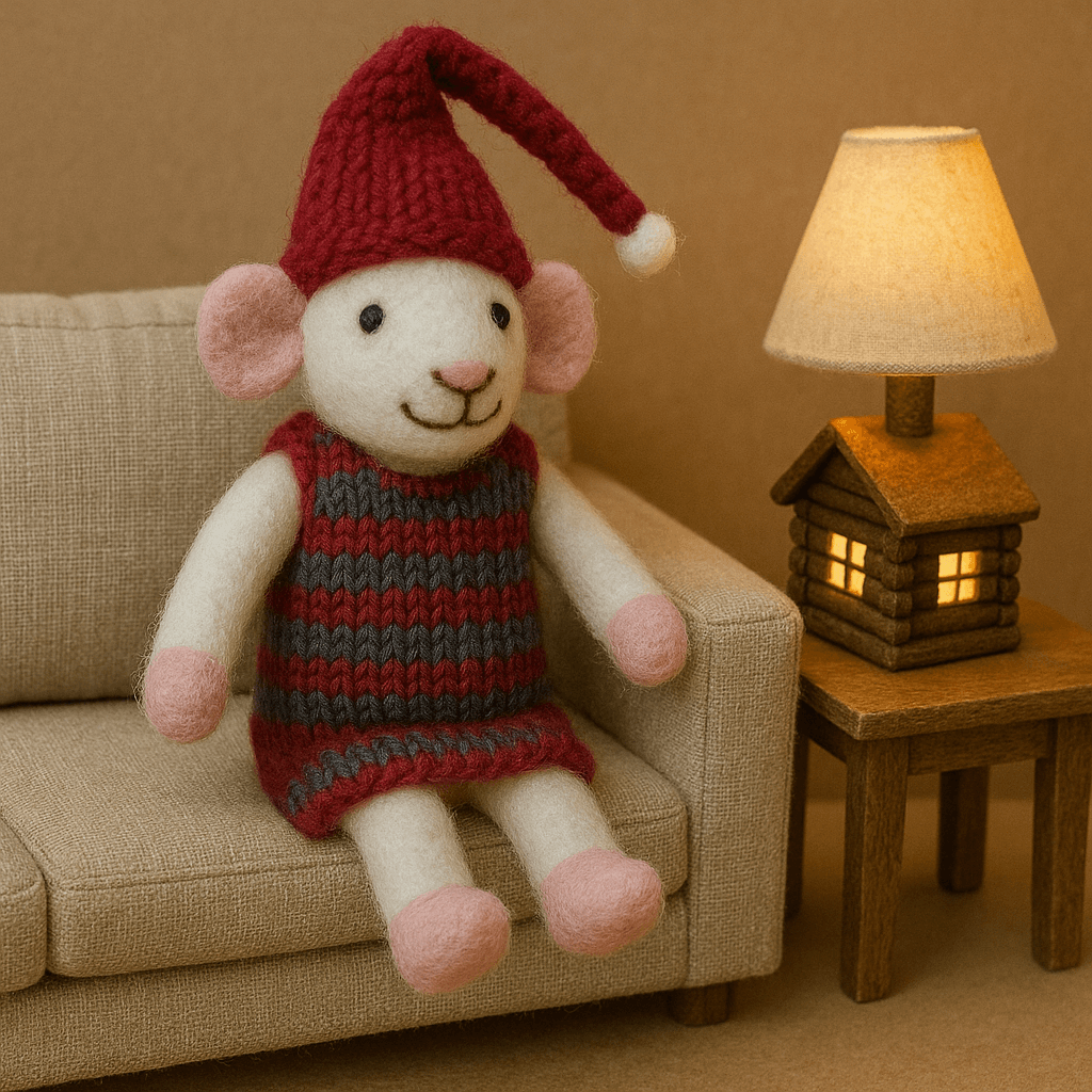 Filzanhänger Schlüsselanhänger Maus mit Pullover und Mütze, handgemacht aus Wolle, sitzend auf einem Sofa.