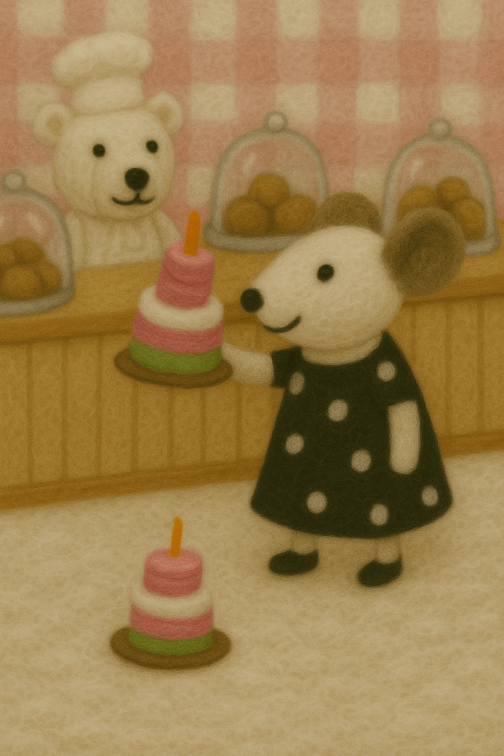 Filzanhänger Schlüsselanhänger Maus mit Torte, handgefertigt aus Wolle, vor einer Bäckerei mit Torte.