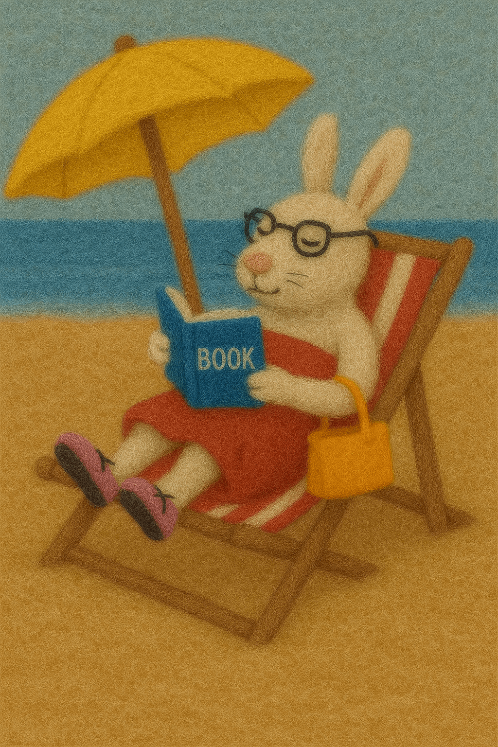 Handgemalter Hase mit Brille, der am Strand entspannt, ein Buch liest und unter einem Sonnenschirm sitzt.
