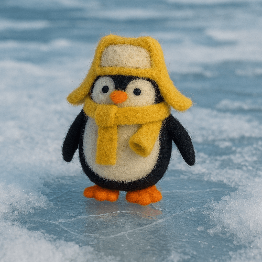 Filzanhänger Schlüsselanhänger Pinguin mit Mütze und Schal, handgemachte Wolle, schwarz-weiß-gelb-orange.