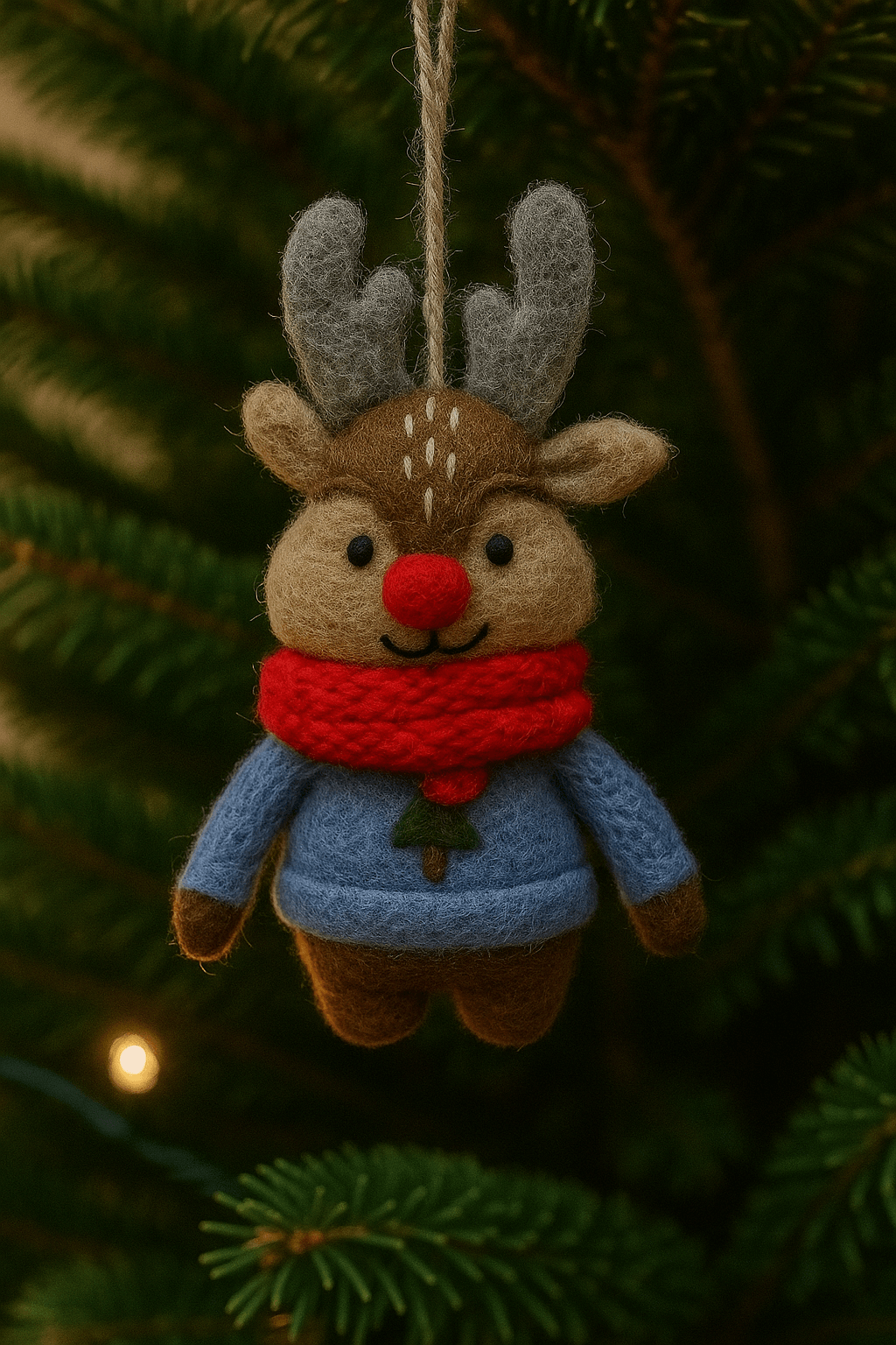 Handmade felt reindeer keychain with red scarf, crafted from 100% wool, hanging on a Christmas tree.