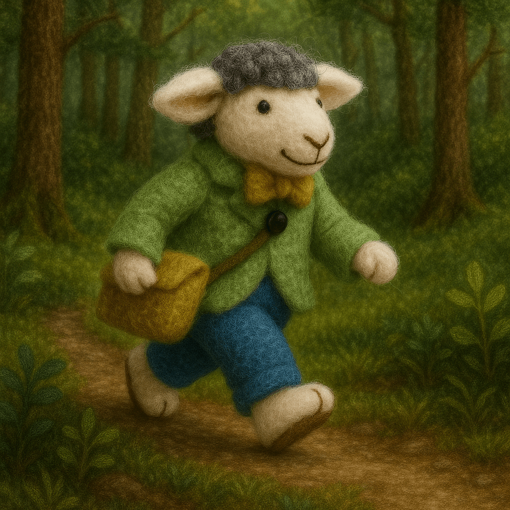 Handmade Filzanhänger Schlüsselanhänger Schaf beim Einkaufen, aus Wolle in grün-blau, im Wald unterwegs.