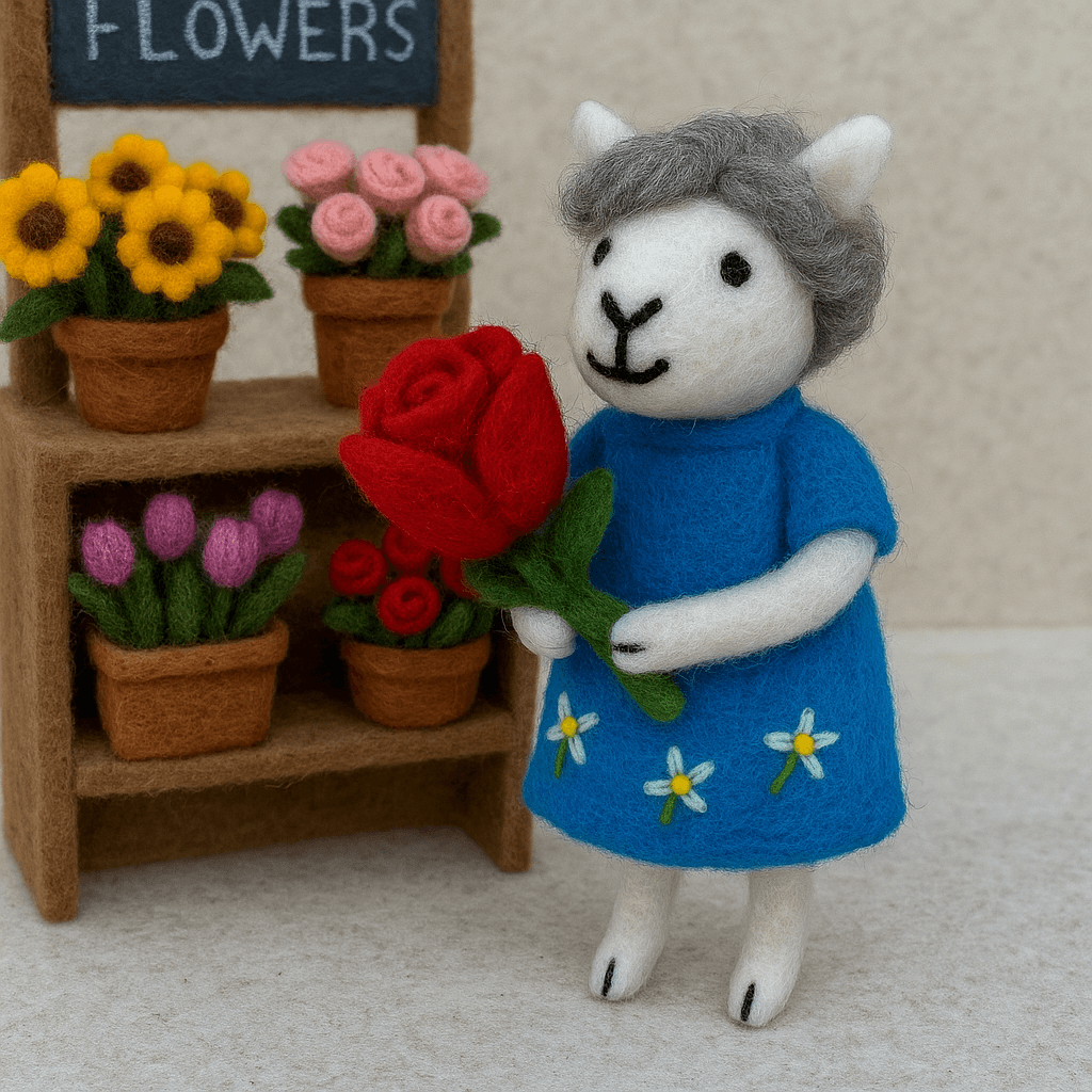 Filzanhänger Schlüsselanhänger Schaf mit Blume, handgefertigt, trägt blauen Kleid und rosenartige Blume, aus Wolle.