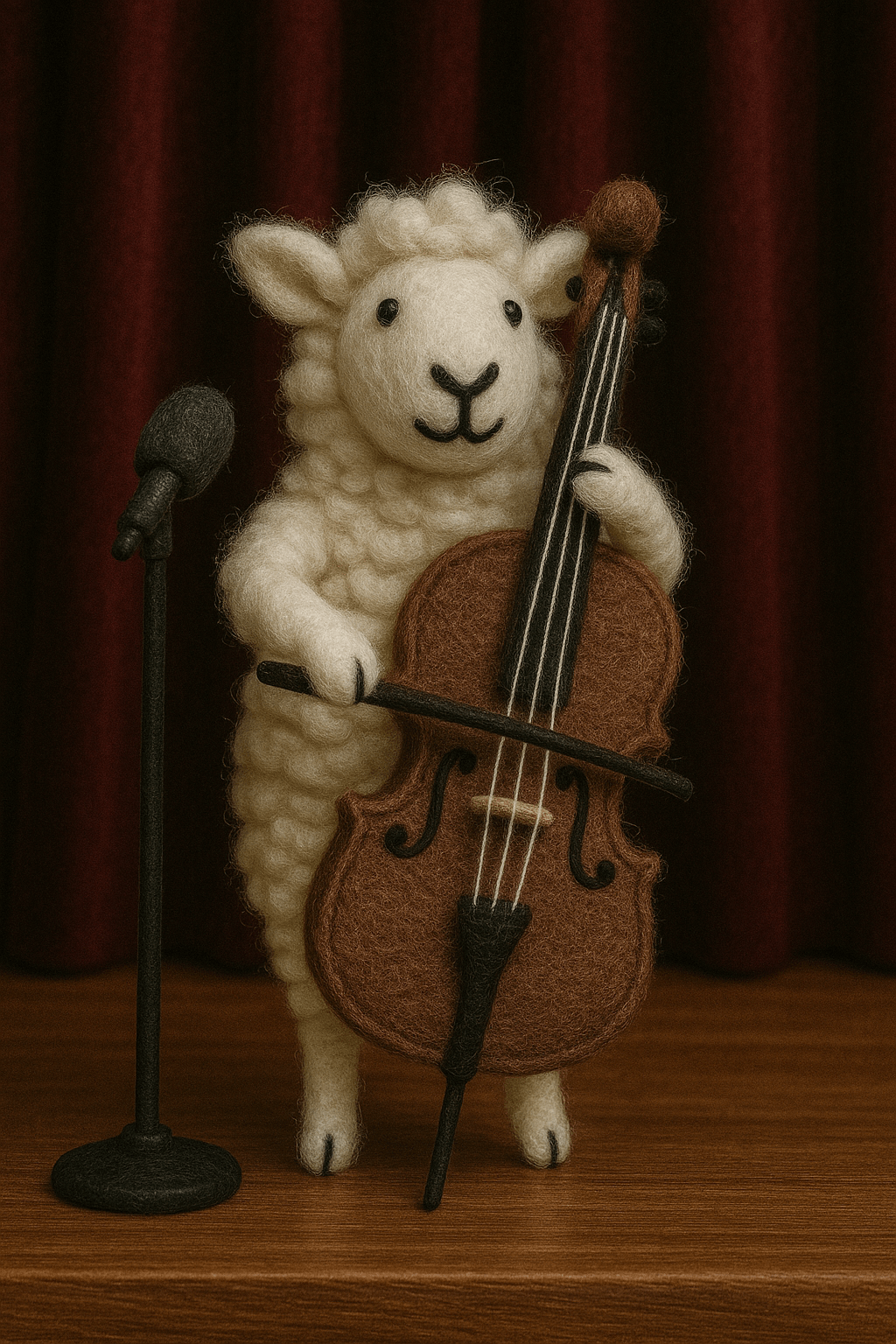 Filzanhänger Schlüsselanhänger Schaf spielt Cello, handgemacht aus 100% Wolle, farblich in weiß, braun und schwarz.