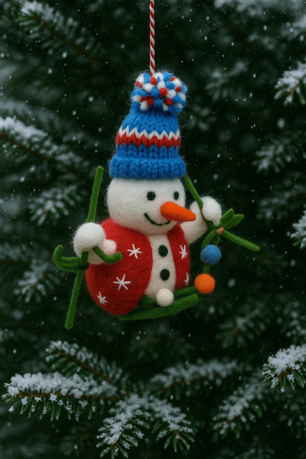 Handmade Filzanhänger Schlüsselanhänger Schneemann Skifahren, aus Wolle, grün, rot, blau, einzigartig.