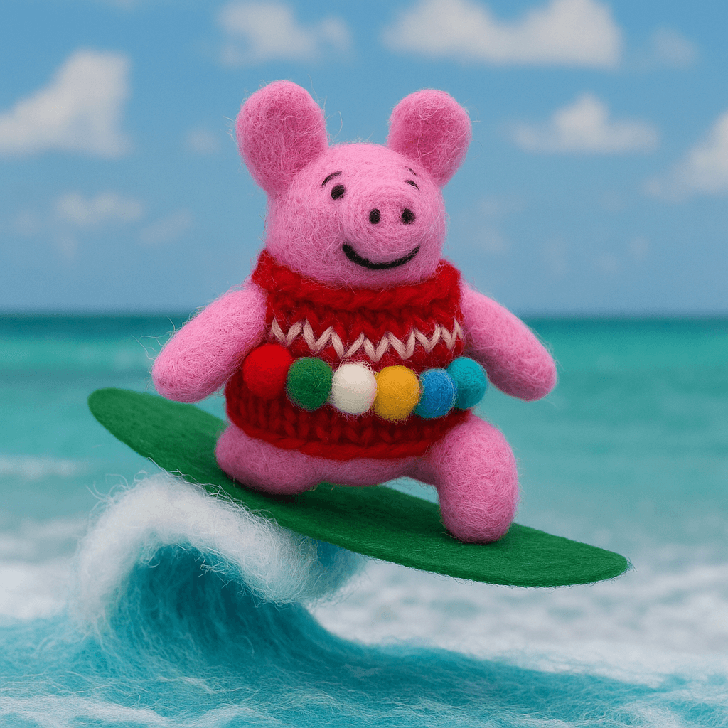 Filzanhänger Schlüsselanhänger Schwein beim Surfen, handgemacht aus Wolle in rosa mit Surfbrett auf der Welle.