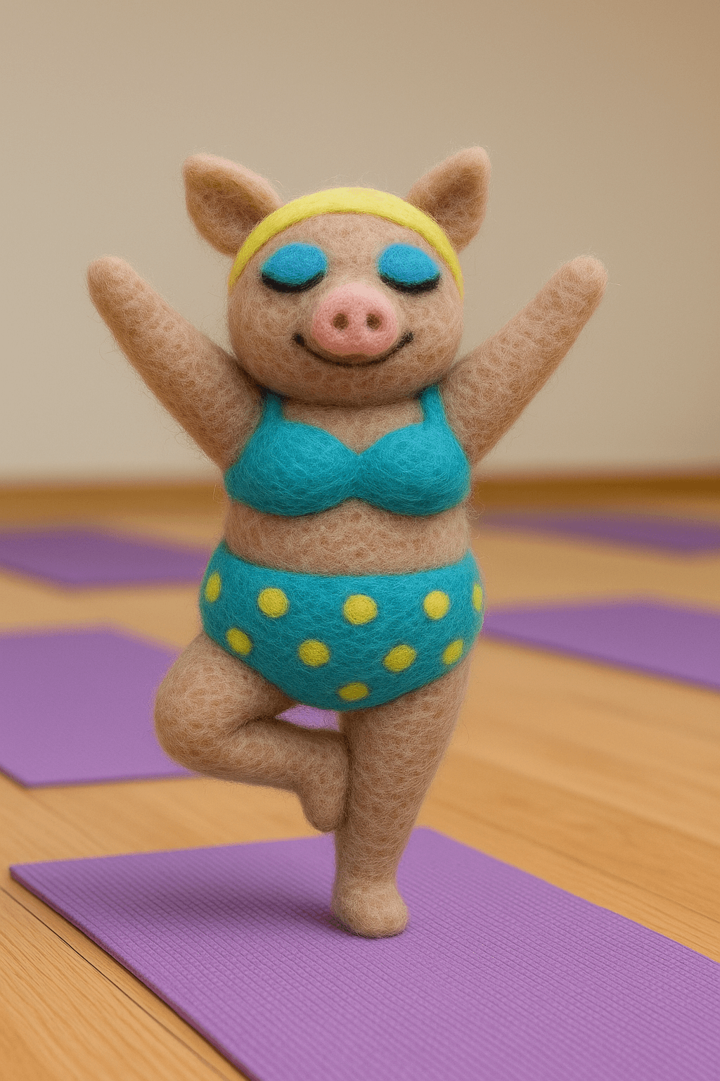 Filzanhänger Schlüsselanhänger Schweinchen Mädchen in Bikini, handgefertigtes Unikat aus Wolle, fröhliches Design.