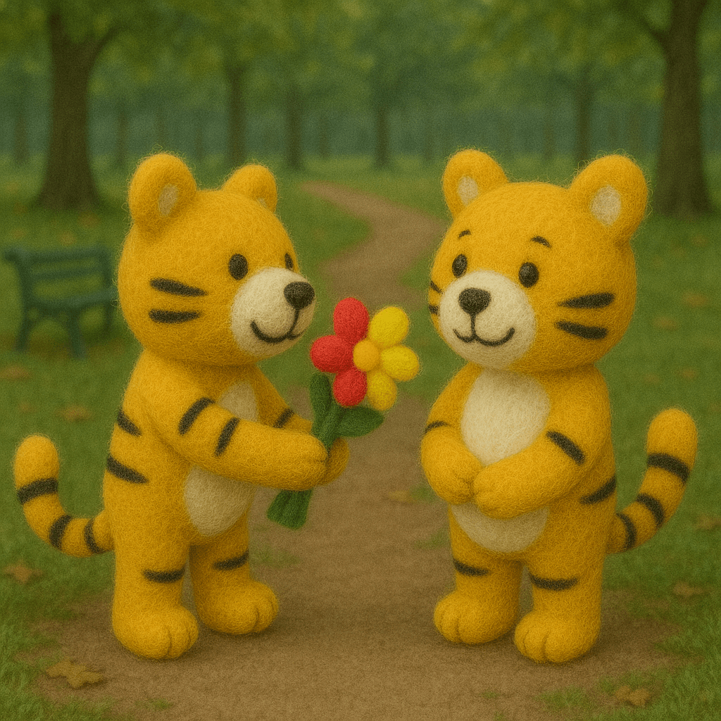 Filzanhänger Schlüsselanhänger Tiger mit Blumen, handgemacht aus 100% Wolle, gelb und schwarz in einem parkähnlichen Umfeld.