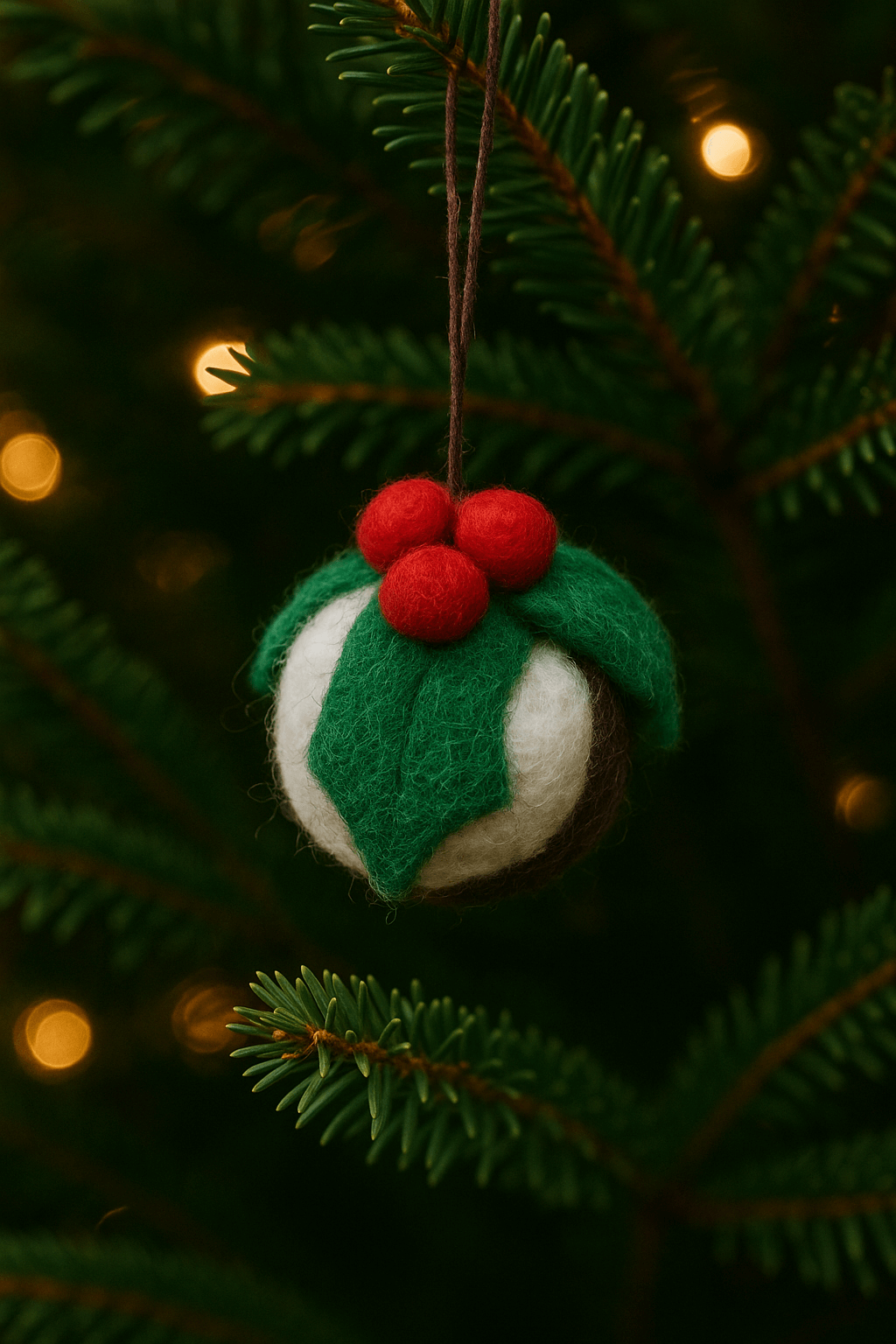 Filzanhänger Schlüsselanhänger Weihnachtsbaum Dekoration Kugel aus 100% Wolle in braun, grün, weiß und rot.