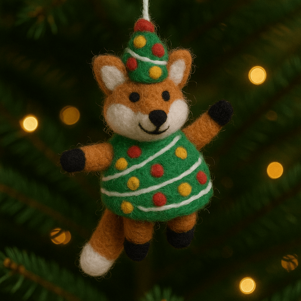 Handgemachter Filzanhänger Schlüsselanhänger Weihnachtsfuchs in grün mit roten und gelben Punkten, perfekt für die Weihnachtsdekoration.