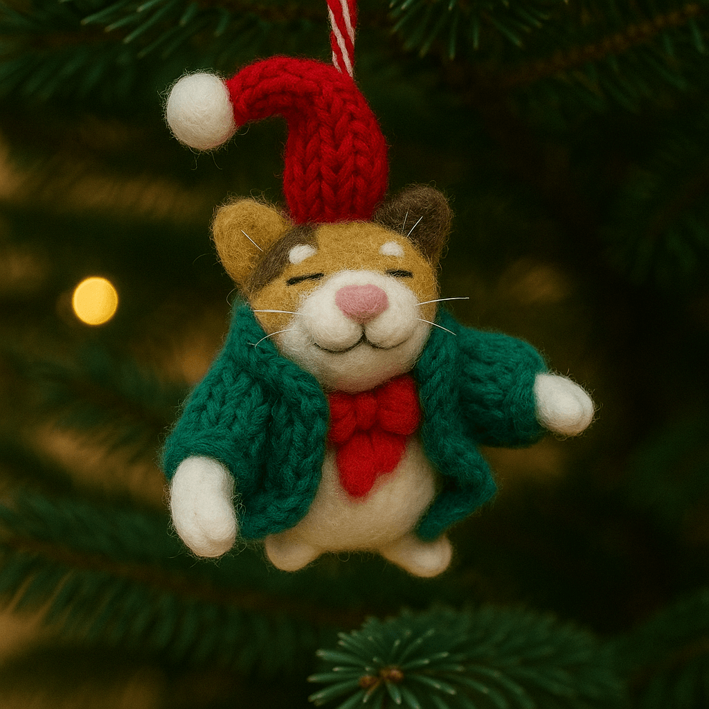 Handgemachte Weihnachtsmaus mit Pullover und Mütze als Filzanhänger, ideal für den Schlüsselbund oder als Deko.