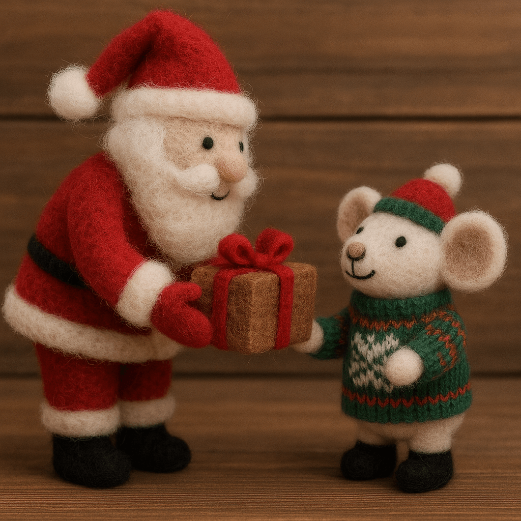 Handmade felt Christmas mouse keychain with Santa giving a gift, colorful felt textures, unique holiday décor.