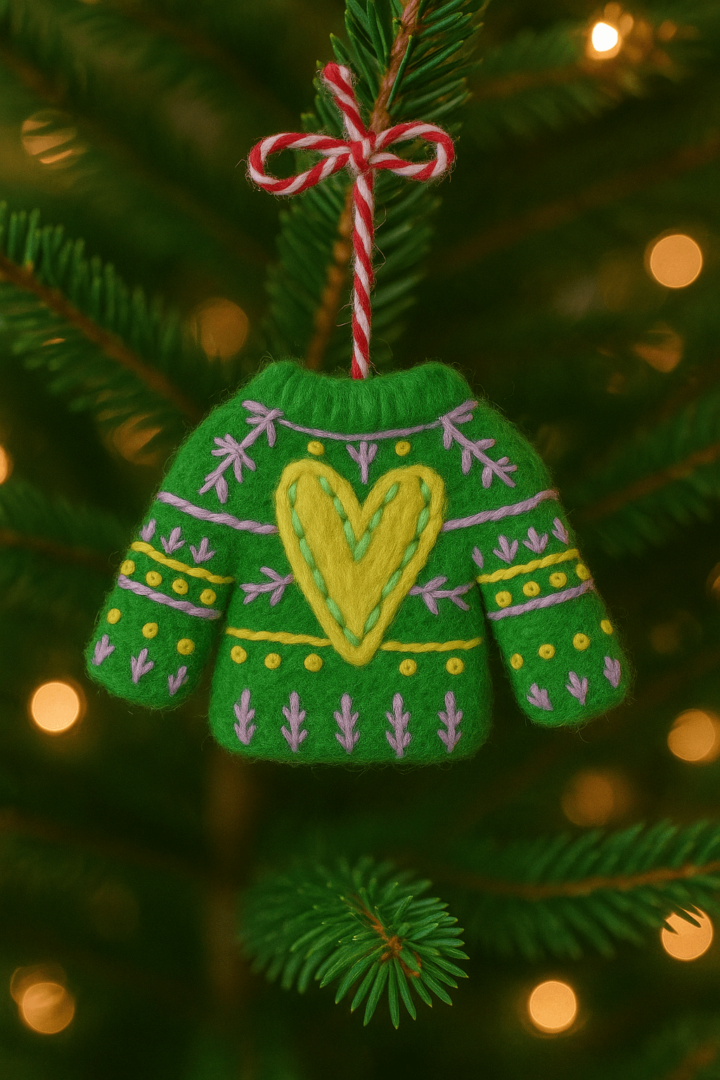 Handmade green felt keychain in sweater shape, featuring heart design, ideal for festive decorations. View details for Filzanhänger.