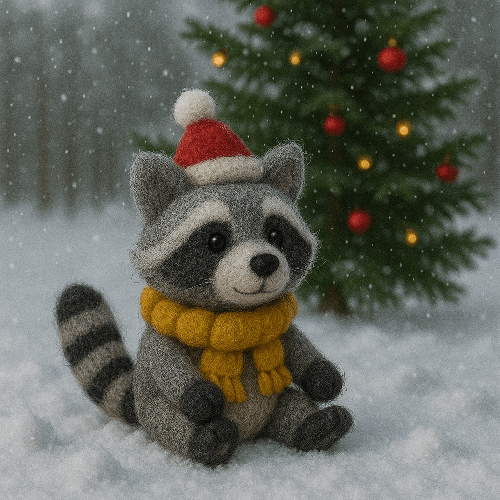 Handgemachter Filzanhänger Schlüsselanhänger Weihnachtswaschbär mit Schal und Mütze, grau und schwarz, vor einem Weihnachtsbaum.