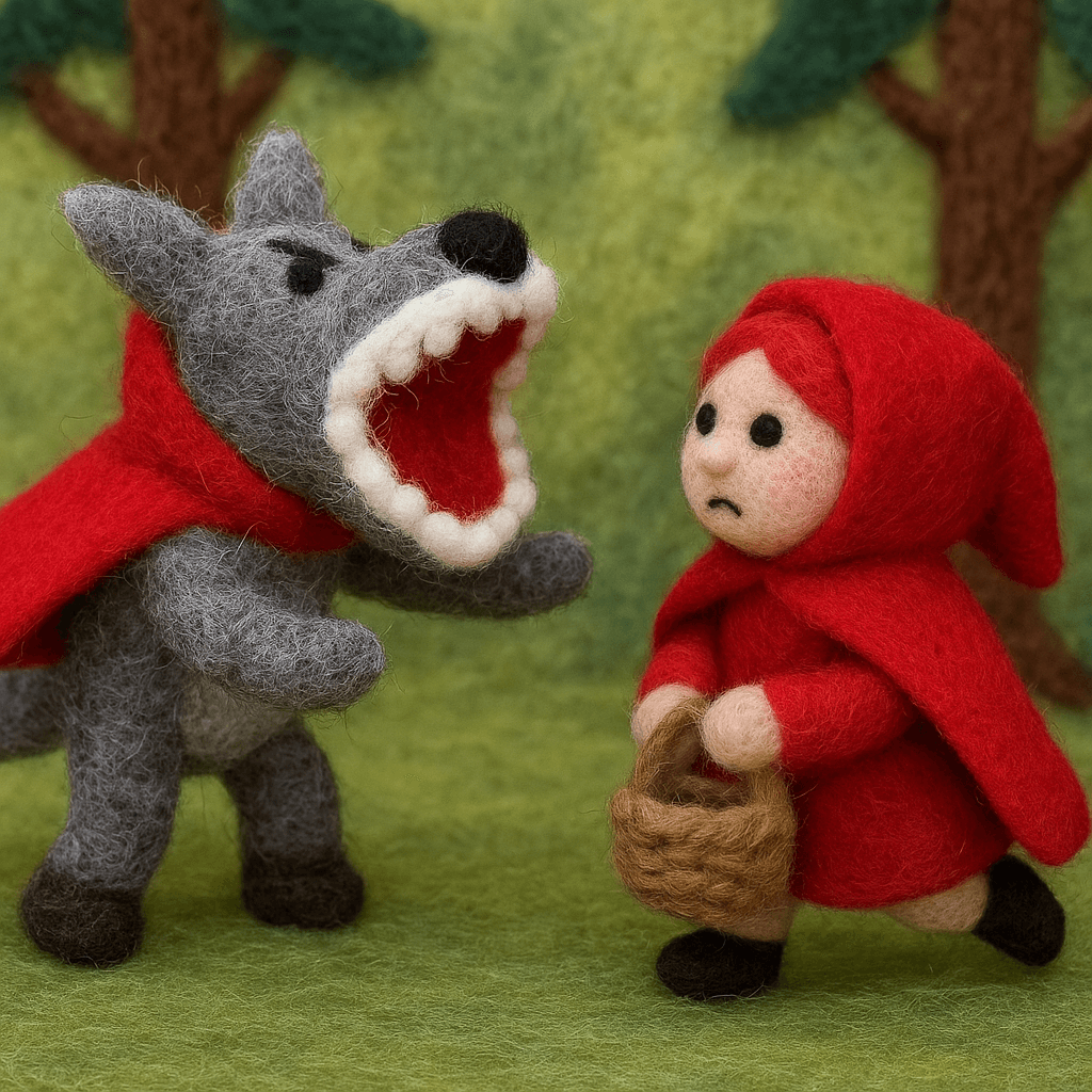 Filzanhänger Schlüsselanhänger Wolf in Mantel, handgemachte Figur mit grau, rot, und schwarz Wolle, einzigartiges Design.