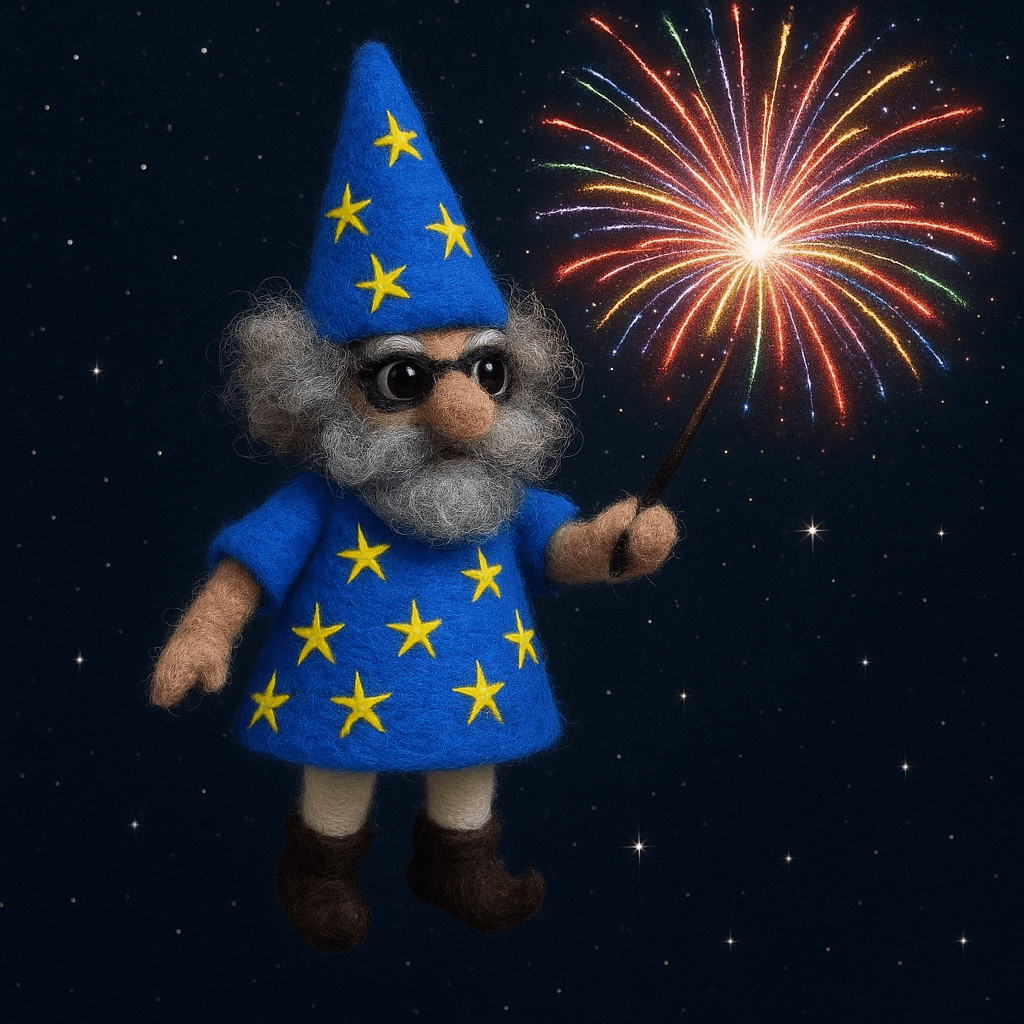 Handmade felt keychain of a wizard holding a sparkler, featuring blue and yellow details, perfect for magical decor.