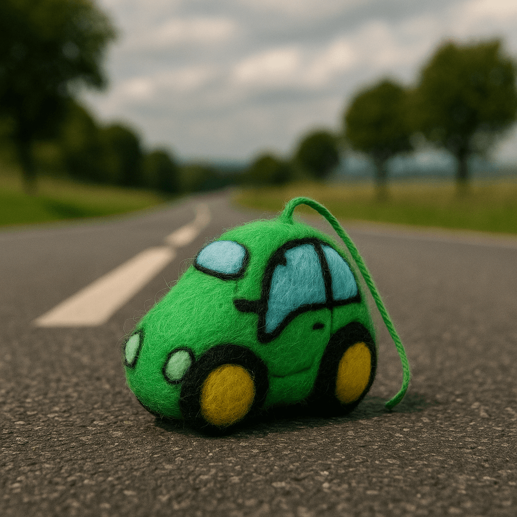 Filzanhänger Schlüsselanhänger in Form eines grünen Autos auf einer Straße, handgemacht aus 100% Wolle.