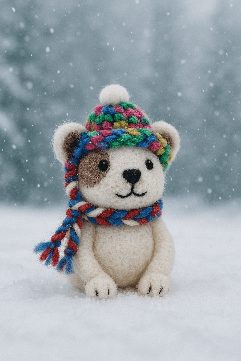 Filzanhänger Schlüsselanhänger süßer Hund mit Mütze und Schal, handgefertigt aus Wolle, farbiges Design in der Winterlandschaft.