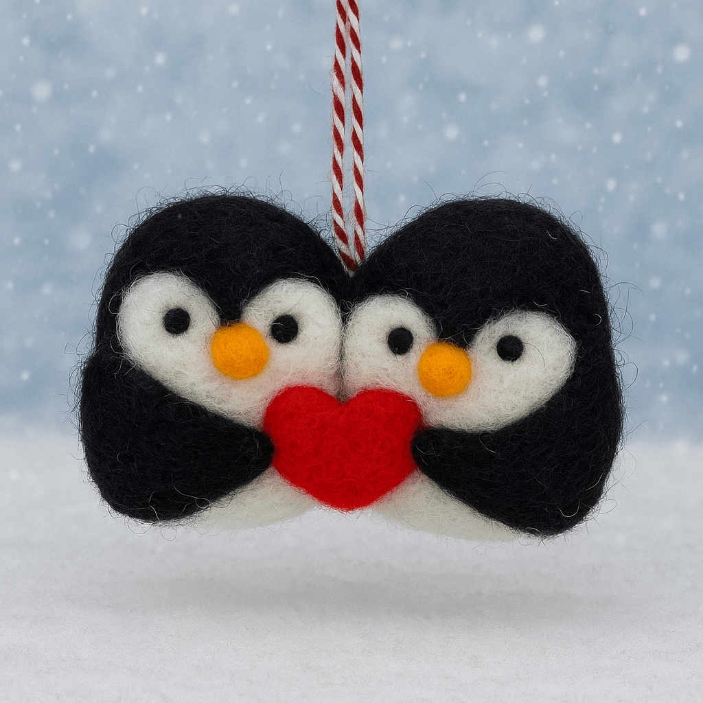 Handgemachte Filzanhänger Schneeanhänger mit zwei Pinguinen und Herz, schwarz-weiß-rotes Design aus 100% Wolle.