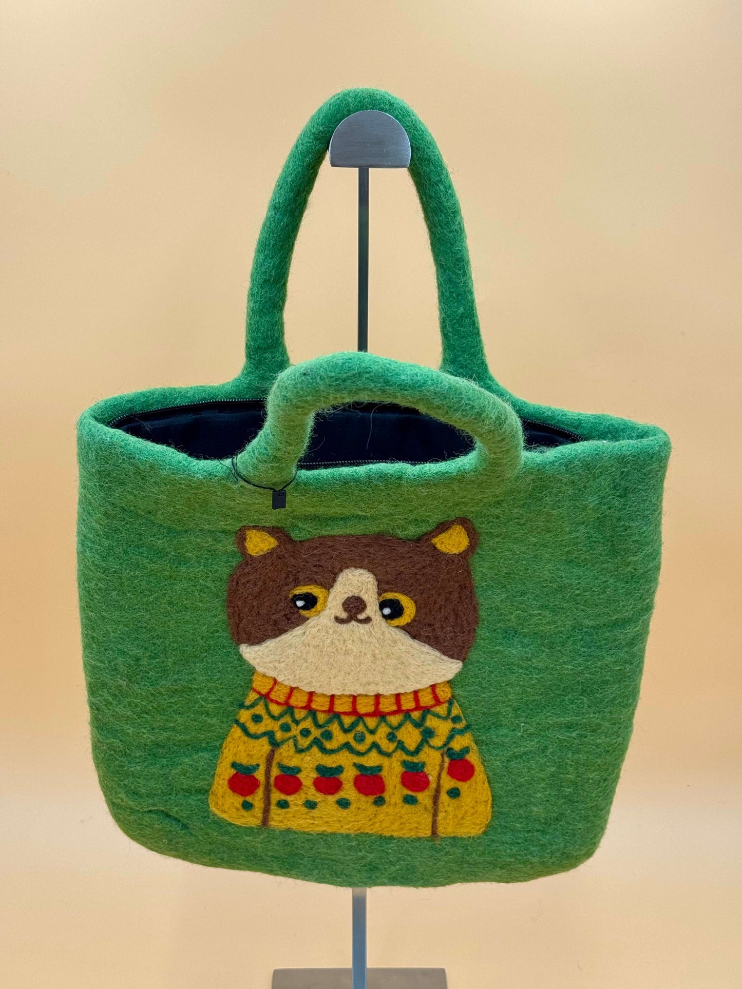 Handgemachte Handtasche Filztasche Size L in grün mit Katze im Pullover, 32x32cm, aus 100% Wolle.