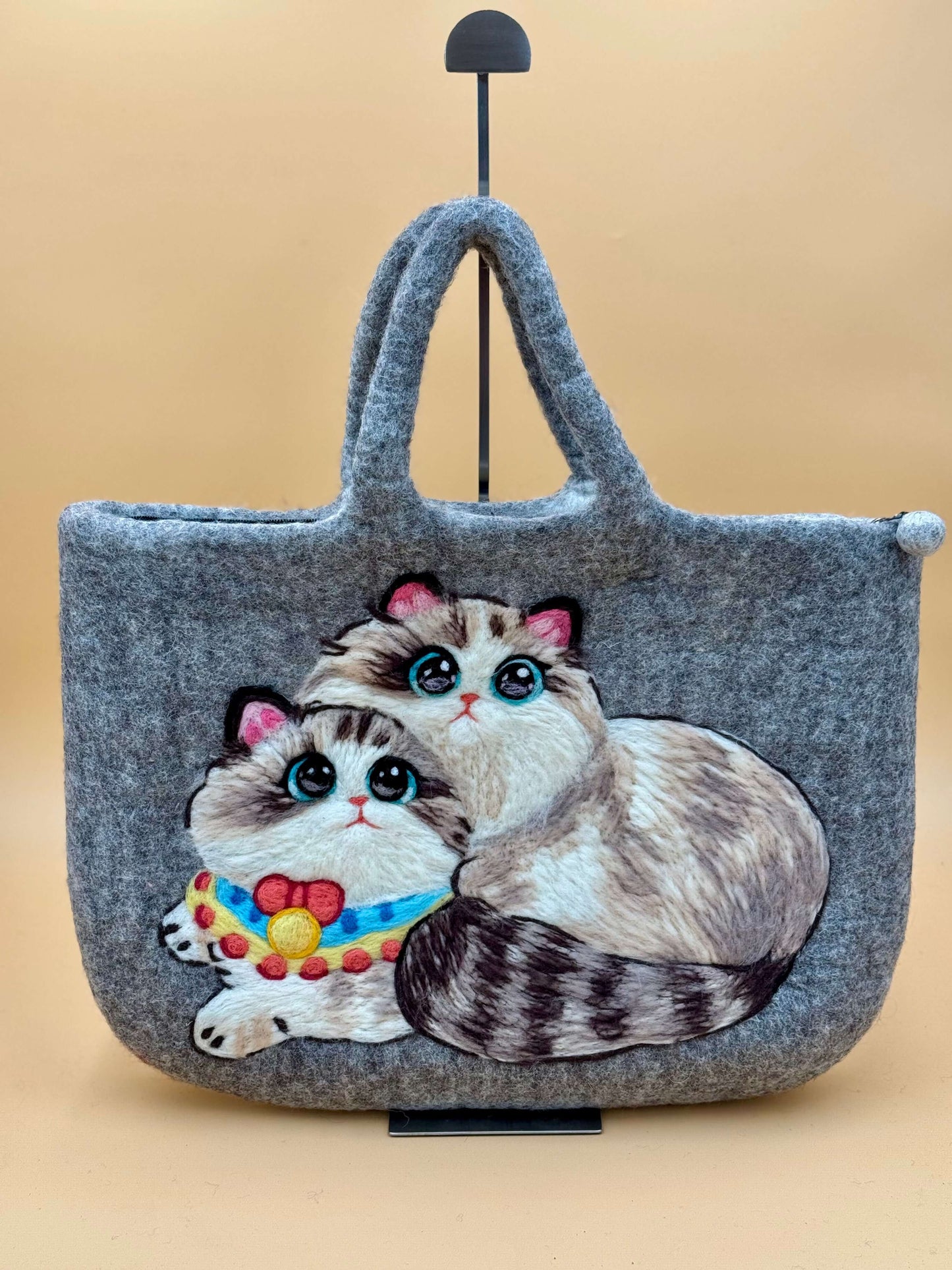 Handmade grey felt bag with two cute illustrated cats, Size XL, perfect for daily essentials.