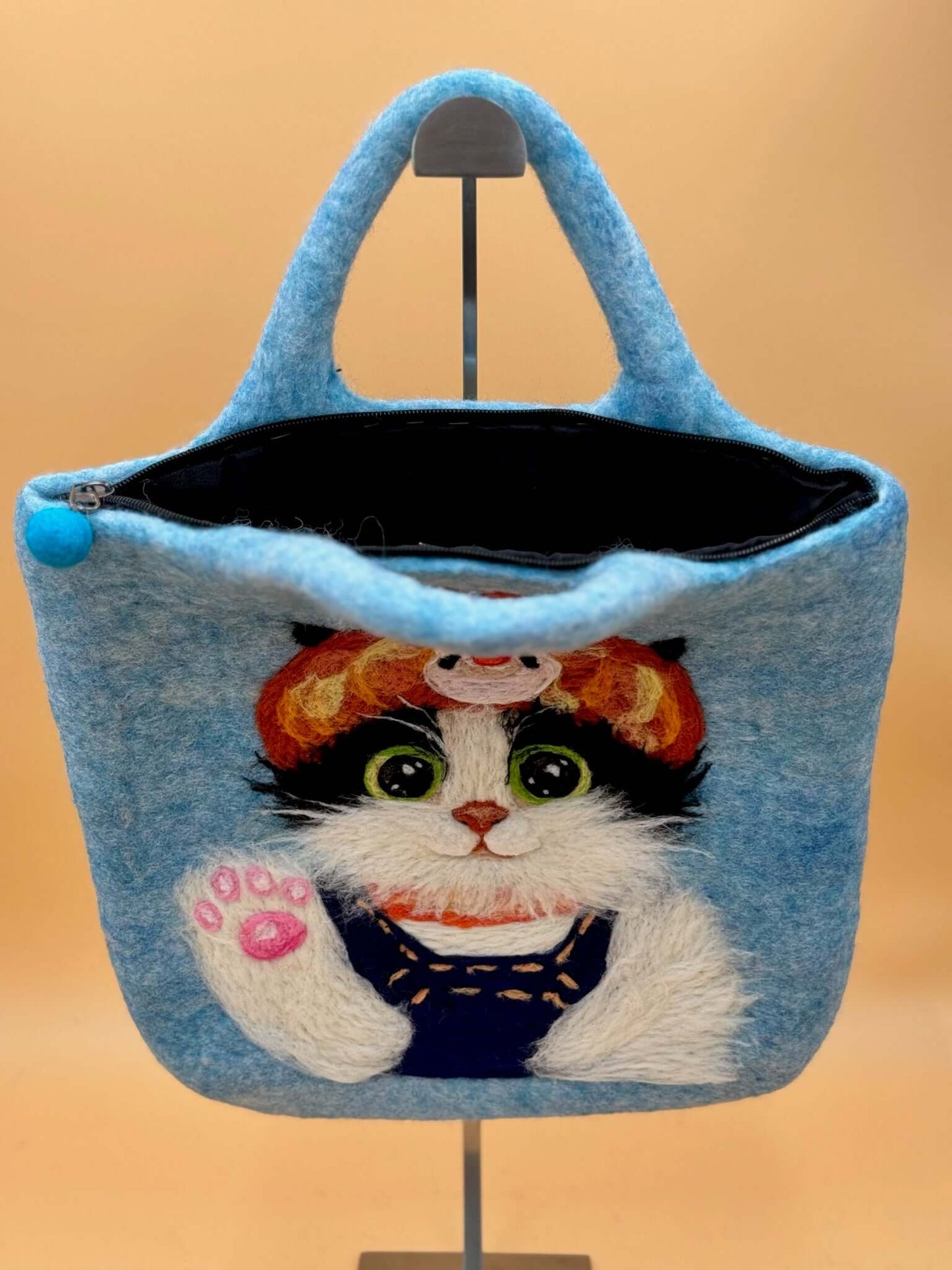 Handtasche Filztasche Size L Large Bag Katze in blau mit Katzenmotiv, handgemacht, 33x33cm, ideal für Alltag und Kleinigkeiten.