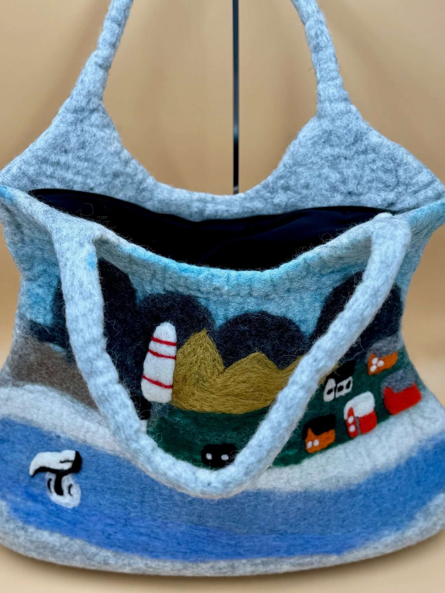 Handmade blue and gray XL felt shoulder bag with countryside design, ideal for carrying everyday items.