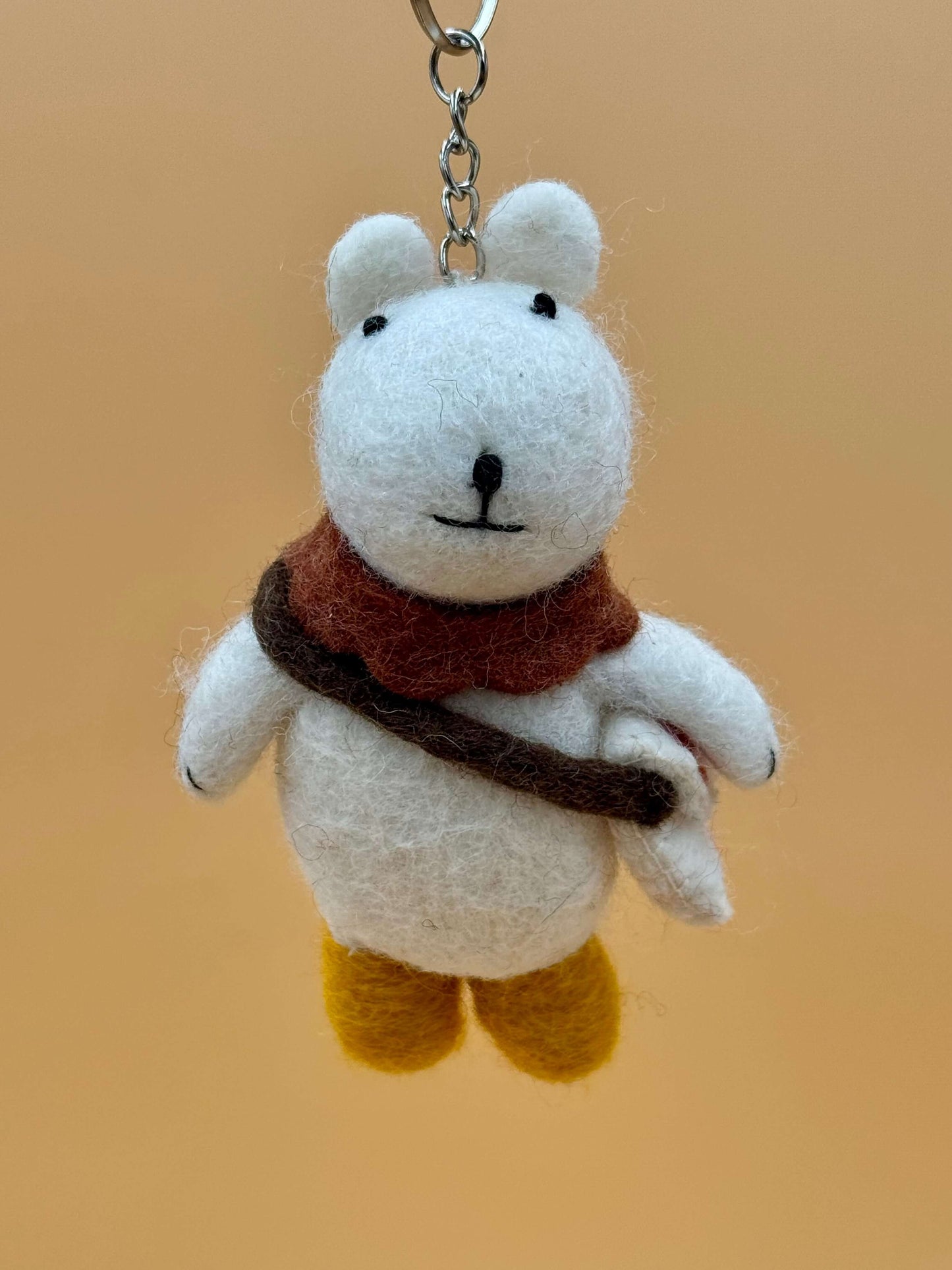 Handmade felt polar bear keychain with brown scarf, unique design, 100% wool, size M, excellent gift option.