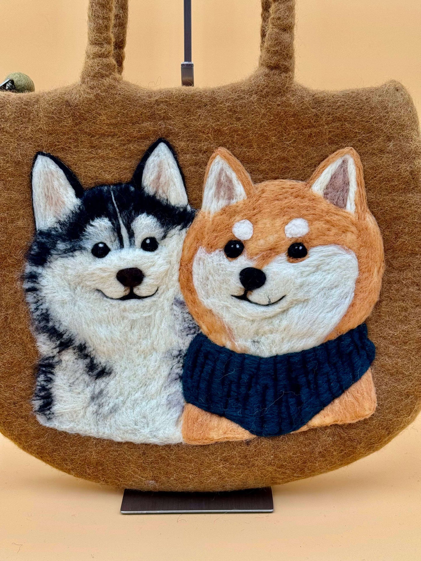 Handmade felt tote bag featuring Corgi and Husky designs in brown, perfect for casual outings.