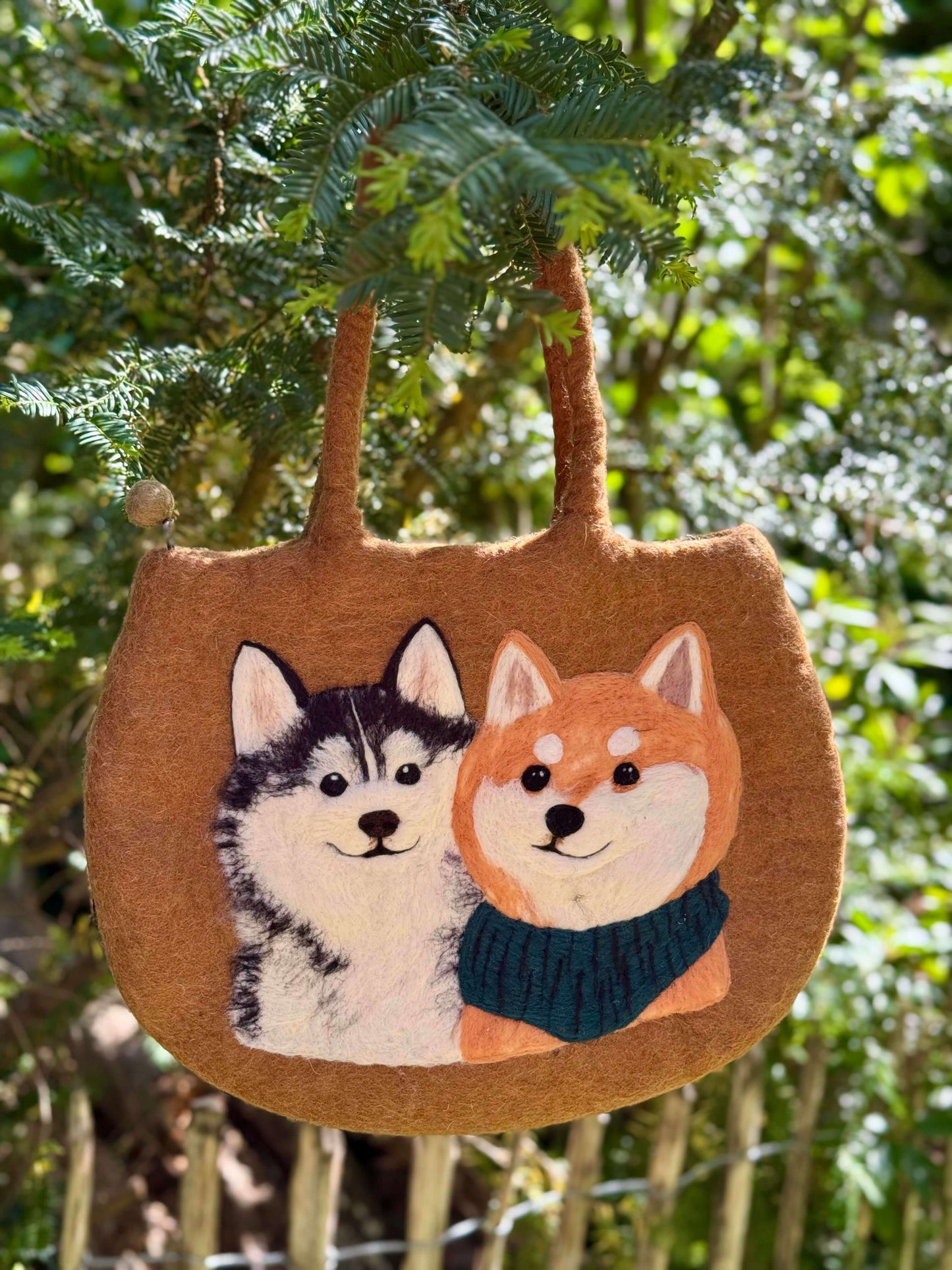 Handmade shoulder bag featuring a Corgi and Husky design, felt material, Size L 39x32cm, in brown with orange, white, and black colors.