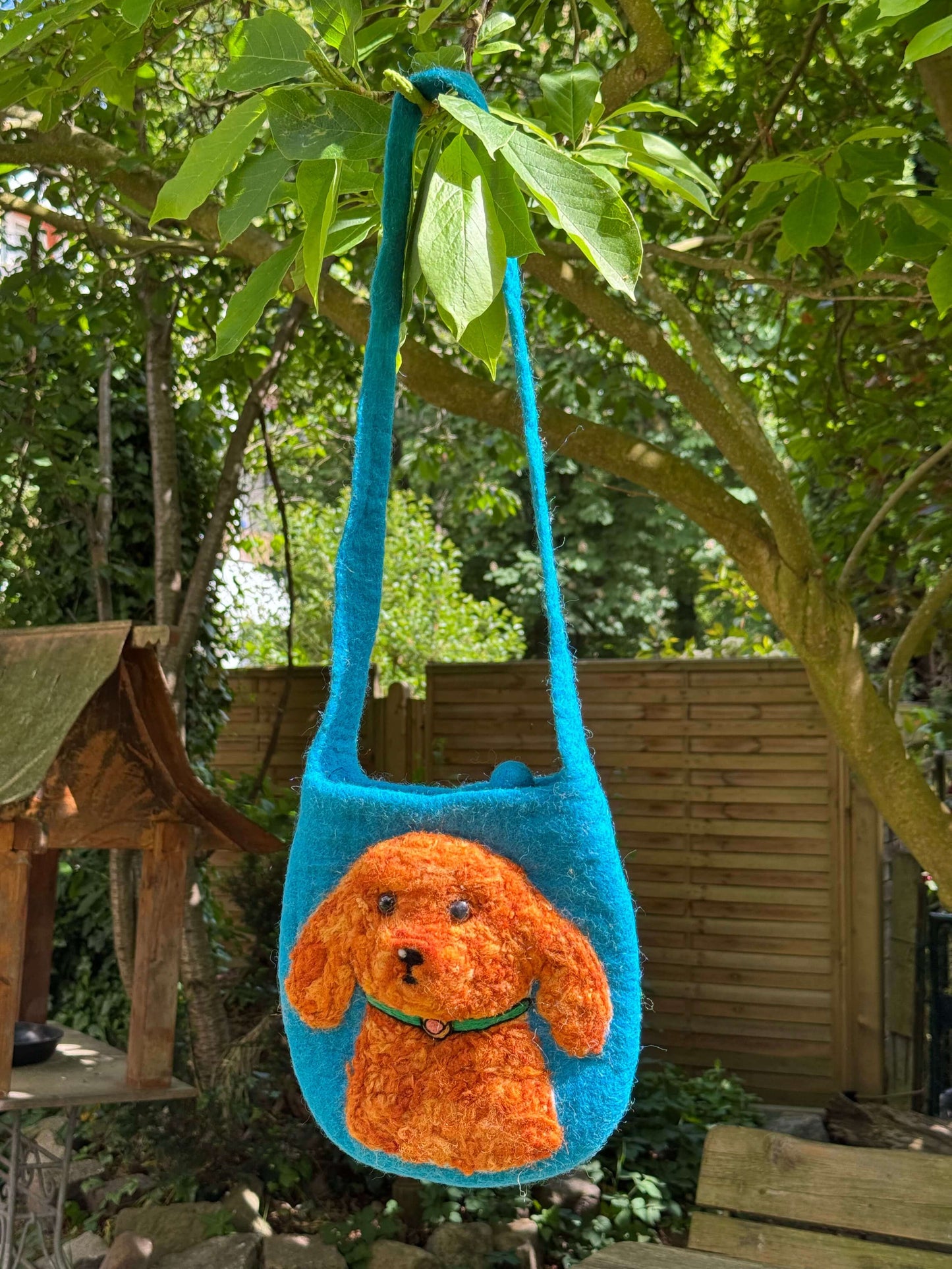 Handmade blue felt shoulder bag with 3D teddy dog design, Size S Baguette Bag, ideal for small items.