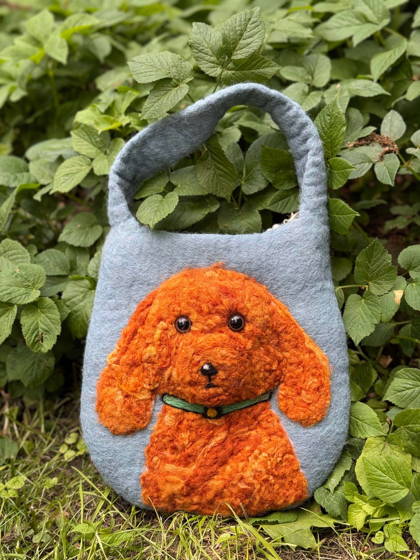 Handmade blue felt crossbody bag featuring 3D teddy dog design, size S, perfect for small essentials.